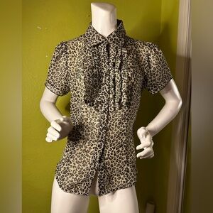 Twentyone Leopard Print Button-up Collared Blouse with Ruffly Chest Detailing
